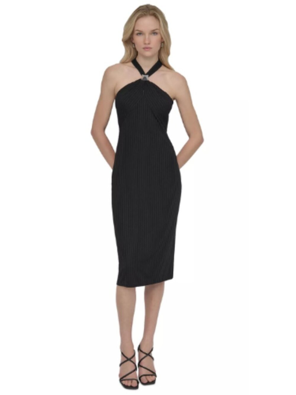 DKNY Donna Karen New York Black Ribbed Halter Neck Midi Dress Size 16